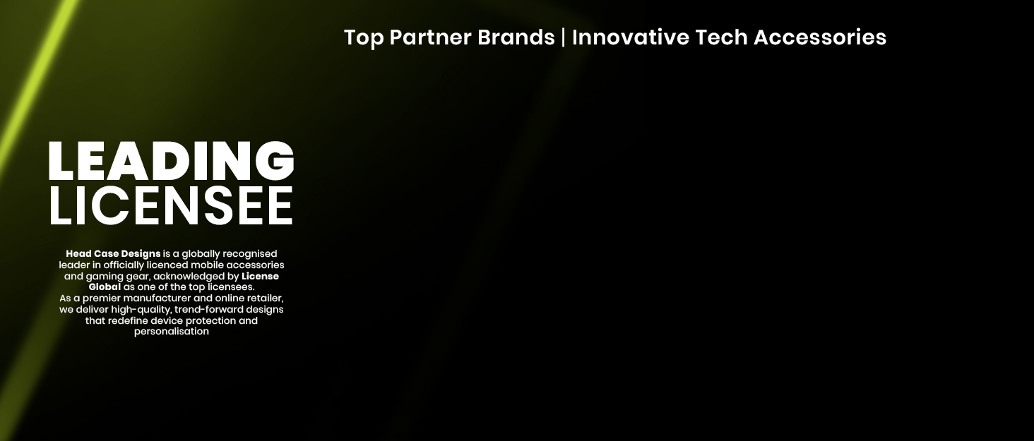 Black background with green light effect. Text reads 'LEADING LICENSEE' and 'Top Partner Brands | Innovative Tech Accessories'. Additional smaller text visible but not fully legible.