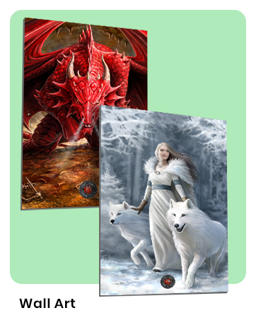 Two fantasy-themed wall art prints: one depicting a fierce red dragon, the other showing a woman in white with two white wolves in a snowy setting.