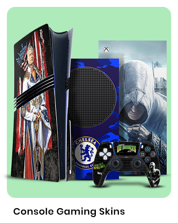 Custom gaming console skins featuring various designs: a colorful character portrait, blue circular pattern, and hooded figure in white. Includes a decorated controller.