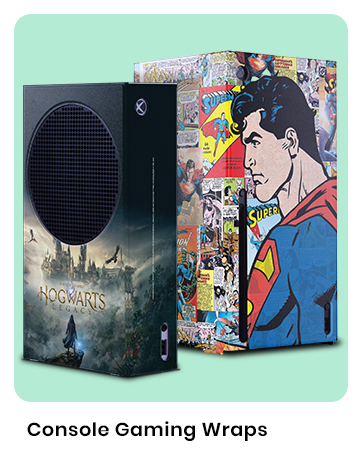 Two gaming console skins: one with a Hogwarts castle design, the other featuring Superman and comic book covers. Both wraps are shown on rectangular console-shaped objects.