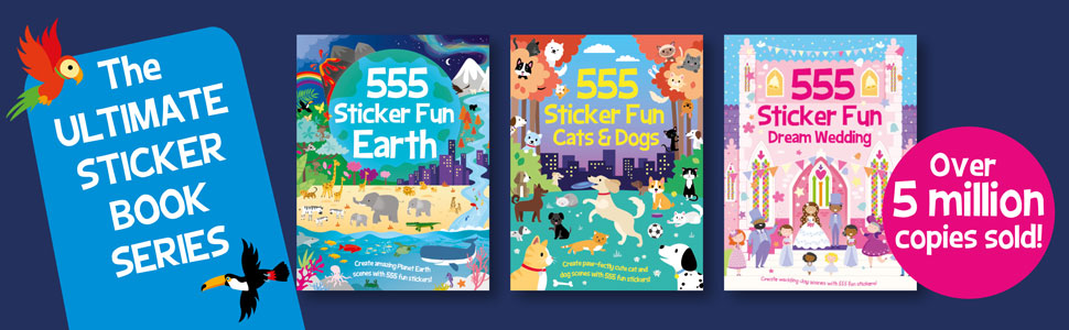 Text reads: 'The ULTIMATE STICKER BOOK SERIES' '555' Shows collection of children's activity book covers with '5 million copies sold' text overlay.