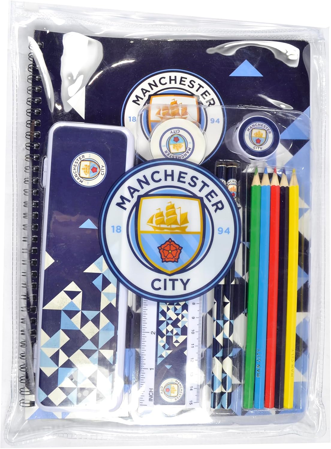 FOCO Manchester City FC Stationery Set with Notepad, Ruler, Pencils, Crest Badges