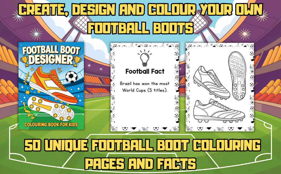 Text reads 'FOOTBALL BOOTS' '50 UNIQUE FOOTBALL BOOT COLORING'. Digital illustration showing sports-themed coloring book pages with boot outlines.