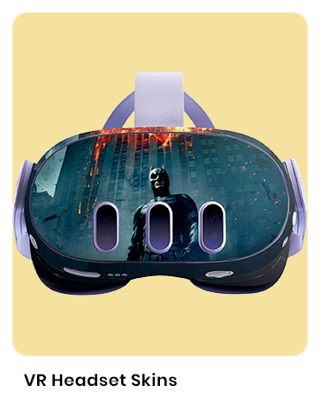 VR headset skin featuring a cityscape with tall buildings and a dark figure in the center, displayed on a yellow background.
