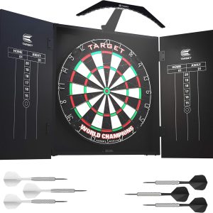 Target Darts Arc Dartboard Lighting System Home Cabinet Set - Includes World Champions Dartboard and 2 Sets of Darts, Black