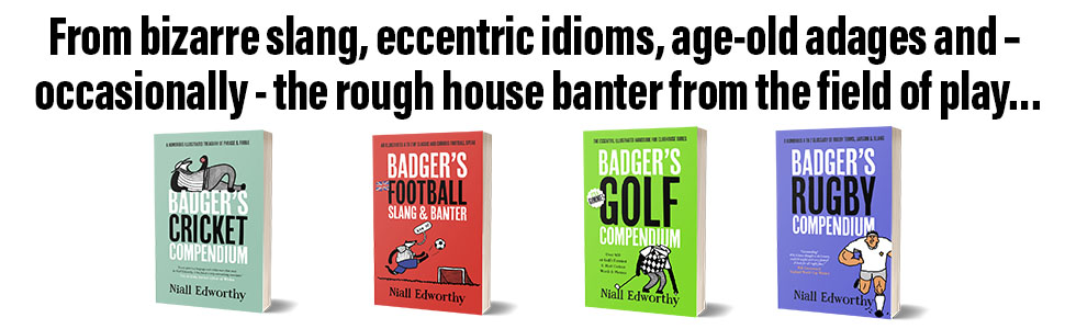 Series of book covers showing sports-themed illustrations including cricket, golf, and rugby designs in various colors with minimal text.