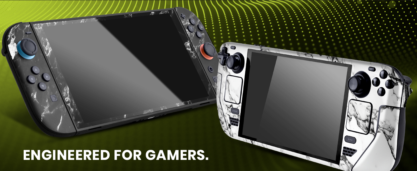 Text reads 'ENGINEERED FOR GAMERS.' Black gaming hardware components shown against green lighting effects and technical background.