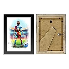 Two views of a picture frame: front shows soccer player artwork, back reveals wooden frame construction with mounting hardware.