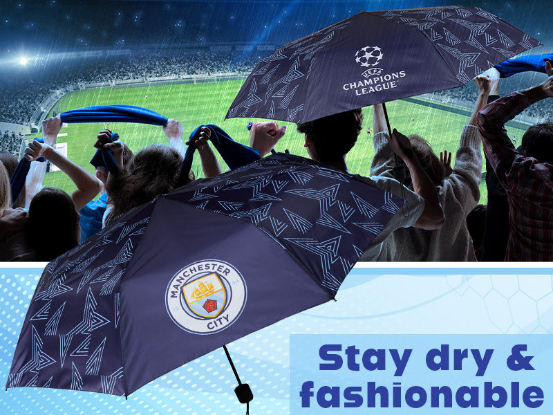 Text reads 'UEFA Champions League' with Manchester City logo. Sports-related branding imagery with dark blue background.