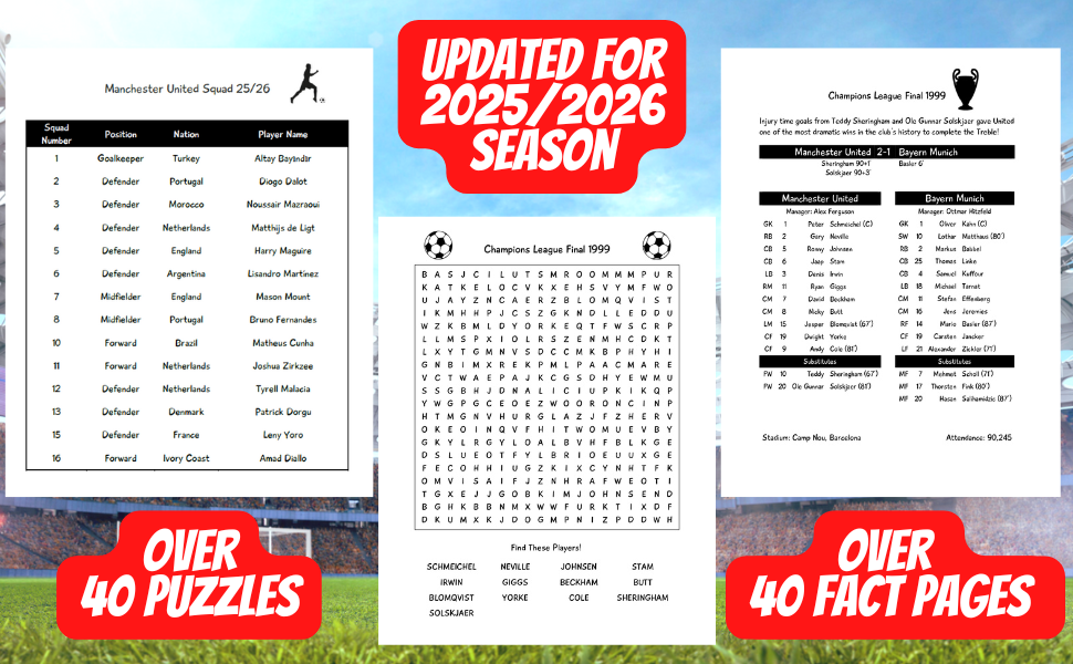 Text reads: '2025/2026 SEASON' and 'OVER 40 PUZZLES'. Collection of puzzle or activity pages showing various grids, word searches, and game layouts.