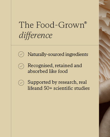 Text panel listing three Food-Grown benefits including naturally-sourced ingredients, absorption properties, and research-backed scientific studies.