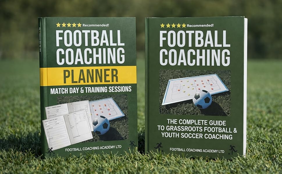 Text reads 'FOOTBALL COACHING PLANNER' and 'FOOTBALL COACHING: THE COMPLETE GUIDE TO GRASSROOTS FOOTBALL &amp; YOUTH SOCCER COACHING'. Two books shown on grass with planning materials.
