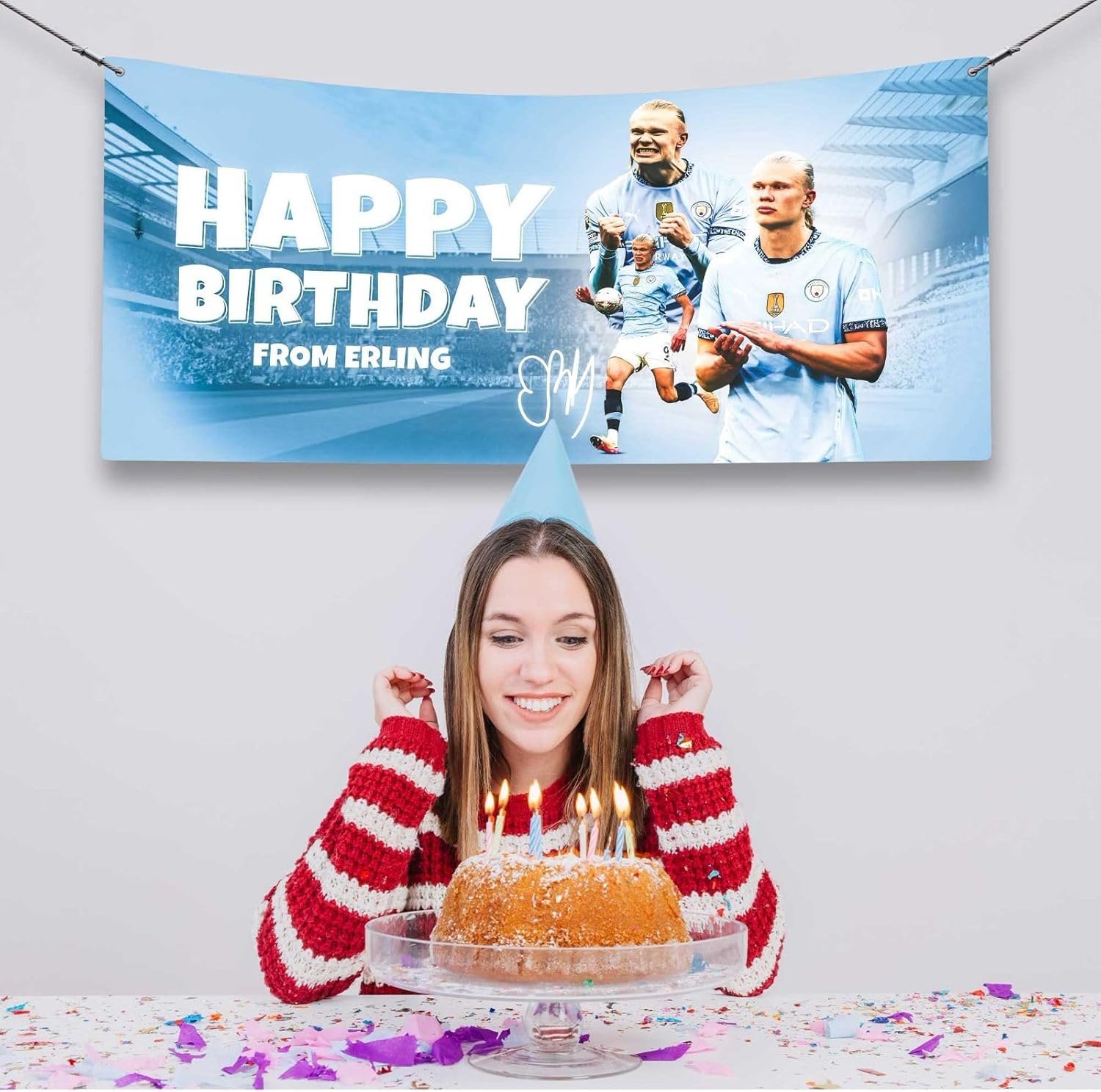 Erling Haaland Birthday Banner Large Manchester City Football-Themed Party Backdrop Featuring Star Player Perfect for Football Fans of All Ages - Image 3