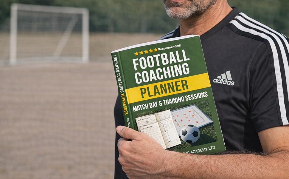 Text reads 'FOOTBALL COACHING' and 'PLANNER'. Image shows sports coaching materials or documents being reviewed.
