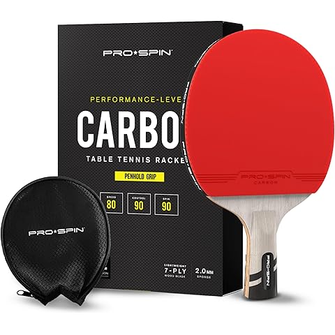 PRO-SPIN Table Tennis Bat with Carbon Fibre | Penhold Grip | Elite Series 7-Ply Blade, Premium Rubber, 2.0mm Sponge & Rubber Protector Case