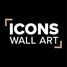 Black background with white text reading 'ICONS WALL ART' enclosed in minimalist gold corner brackets.