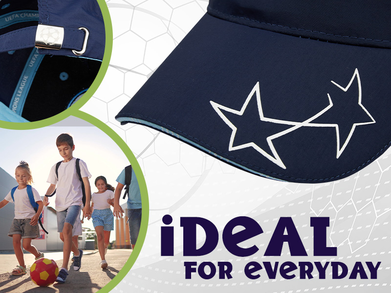 Navy blue clothing item with white star design. Multiple images show close-up of fabric, children wearing the item, and text 'iDEAL FOR EVERYDAY'.