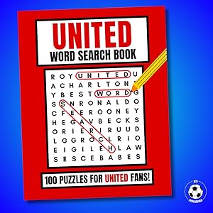 Word search puzzle book covers showing red and white design with soccer/football theme. Multiple views of book showing puzzle pages inside.