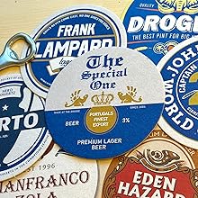 Collection of vintage-style beer coasters featuring blue, white and red designs with brewery logos and text.