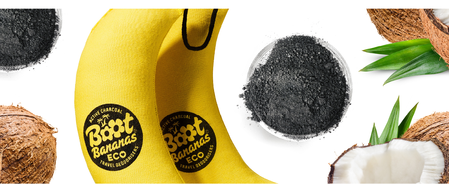 Assorted tropical ingredients including bananas with stickers, coconut, pineapple leaves, and a dark powder, likely activated charcoal, on white background.