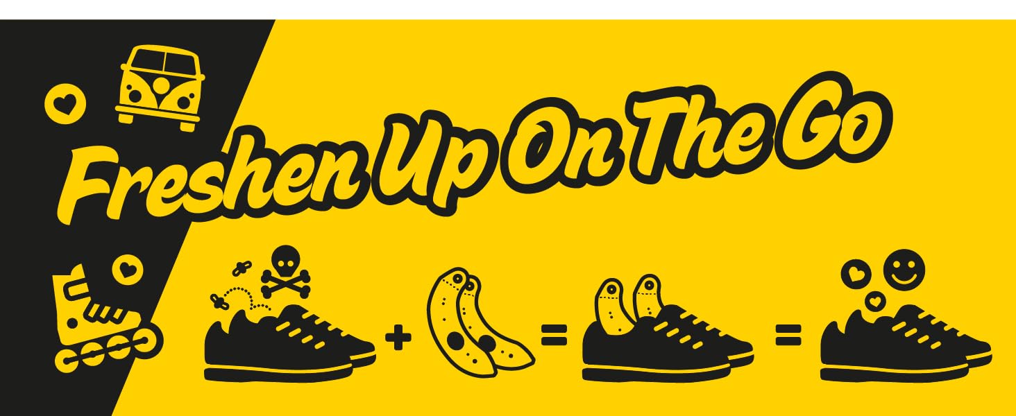 Yellow banner with 'Freshen Up On The Go' text. Icons depict a van, shoe, banana, and emojis. Illustration shows shoe transformation from dirty to clean.