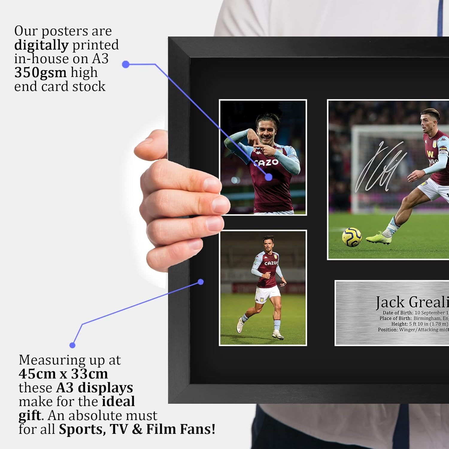 HWC Trading FR A3 Jack Grealish Aston Villa Printed Memorabilia Signed Autograph Photograph Display for Football Fans and Supporters - A3 Framed - Image 3