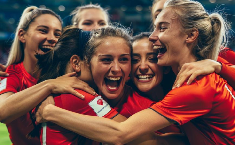 A team of female soccer players celebrating a win and hugging eachother