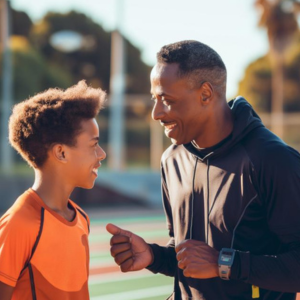 A coach and young athlete talking to one another and smiling
