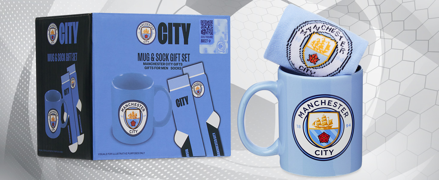Manchester City Football Club merchandise collection showing blue coffee mug with club crest and matching packaging box.