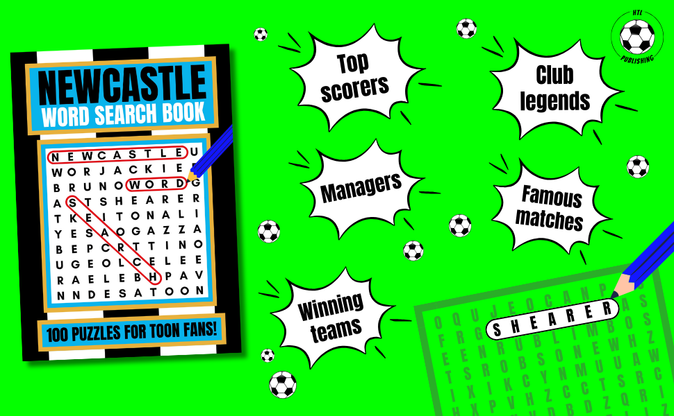 Text reads 'NEWCASTLE', 'CLUB SPONSOR', 'SUMMER'. Soccer-themed bright green background with football motifs and comic-style speech bubbles containing word search puzzle grid.