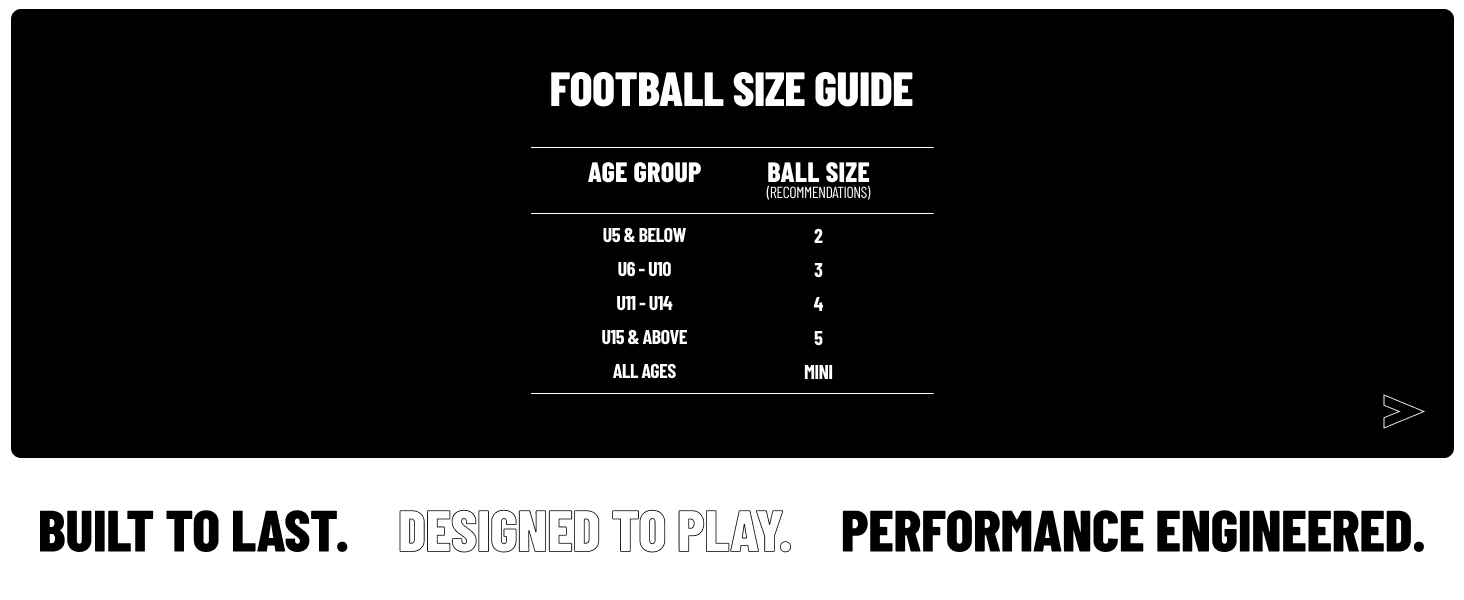 Text reads 'FOOTBALL SIZE GUIDE' and 'BUILT TO LAST. PERFECTED TO WIN. PERFORMANCE ENGINEERED.' Black background with white text showing product specifications.