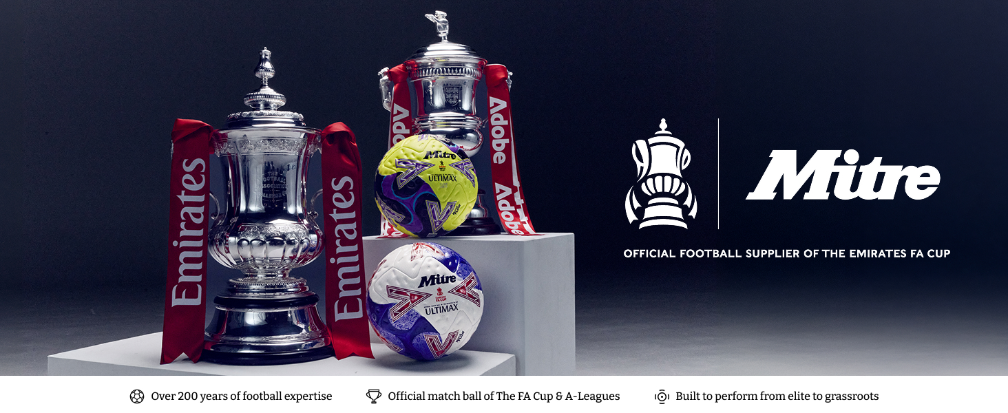Text reads 'Mitre'. Series of soccer balls displayed against dark background with technical product specifications and branding.